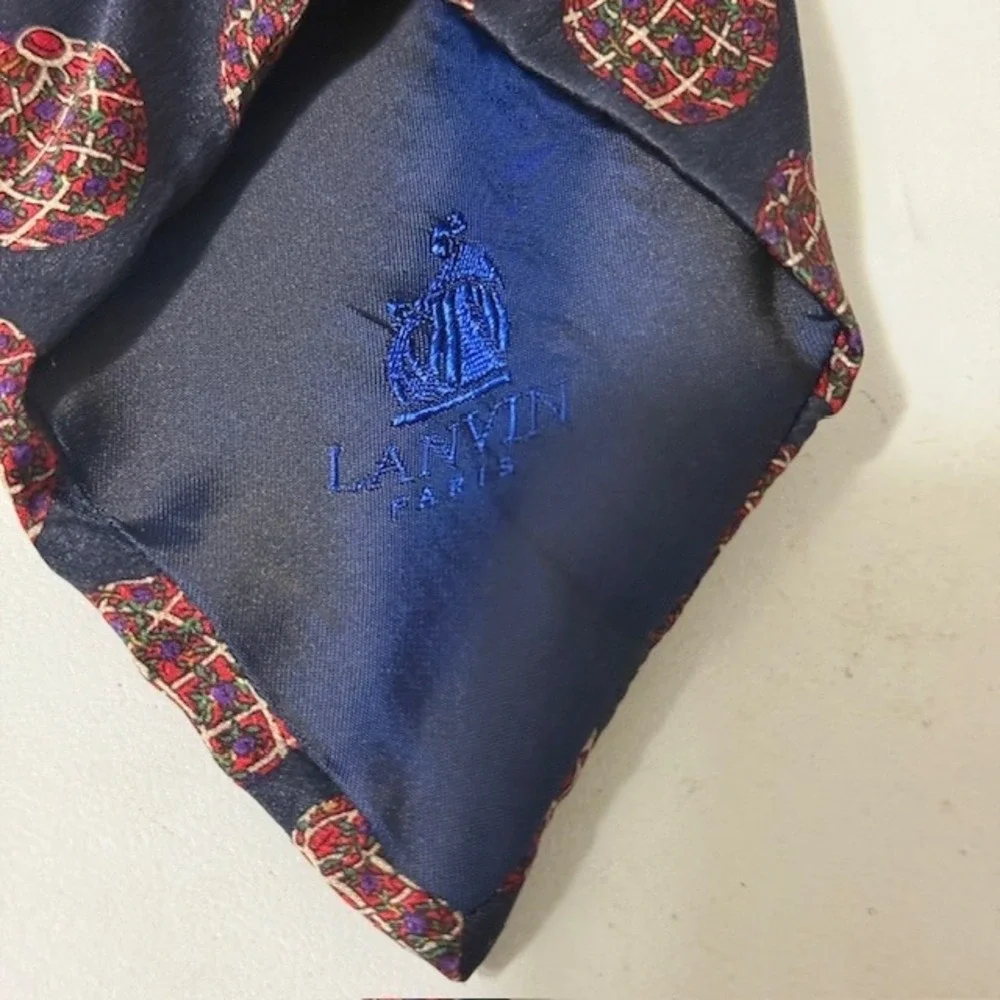 Lanvin Paris Mens Silk Tie Navy Blue Faberge Egg Pattern Made in France Luxury